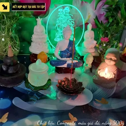 Tượng chú tiểu bê nến decor bàn thờ – Tượng đá dâng đèn hoa sen trang trí góc tu tập cao 12cm