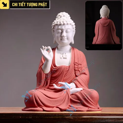 Tượng Phật A Di Đà bằng gốm cao cấp – Kèm kệ đèn decor bàn thờ, phòng thiền sang trọng