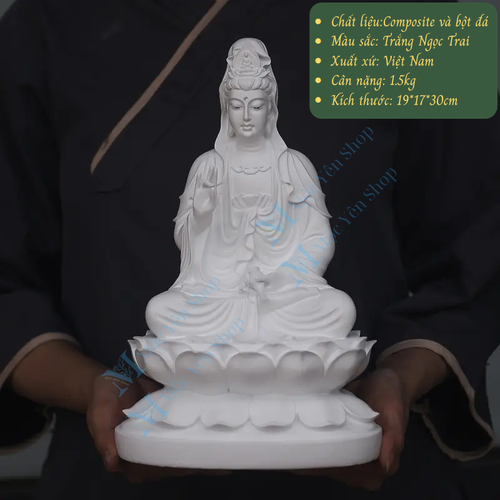 Tượng Phật Quan Thế Âm Bồ Tát Cao 30cm Ngang 19cm Dáng Ngồi – Tượng Mẹ Quán Thế Âm Bằng Bột Đá Trắng Thờ Cúng