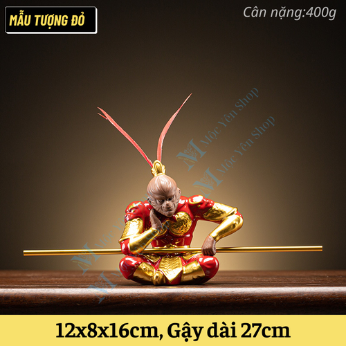 Tượng Tôn Ngộ Không Trang Trí Cao Cấp – Tượng Gốm Ngộ Không Đặt Bàn Làm Việc, Taplo Ô Tô Giáp Đỏ Mạ Vàng (Kèm Gậy Như Ý 27cm)