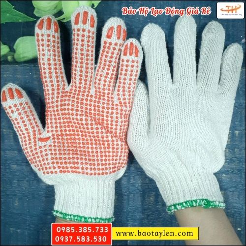 Bao tay len phủ hạt nhựa màu cam. Bao tay len phủ hạt nhựa màu cam.