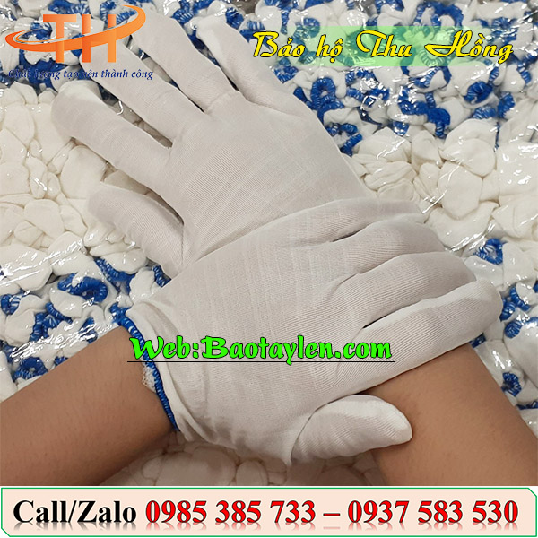 >Bao tay thun cotton trắng bo viền< >Bao tay thun cotton trắng bo viền<