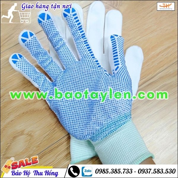 Bao tay vải thun mỏng phủ hạt nhựa xanh Bao tay vải thun mỏng phủ hạt nhựa xanh