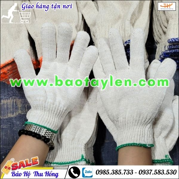 Găng tay len kem trắng 80gr viền xanh  Găng tay len kem trắng 80gr viền xanh