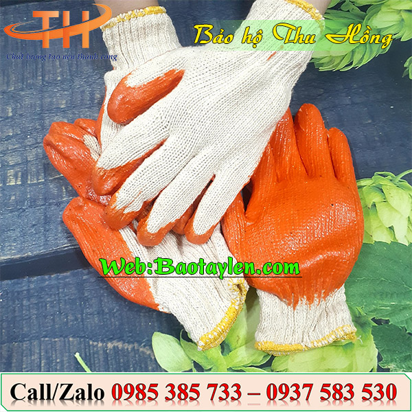 Bao tay len nhúng nhựa màu cam Bao tay len nhúng nhựa màu cam