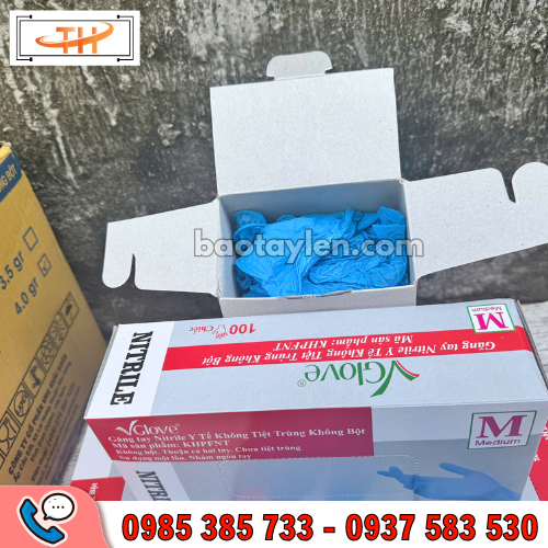 Găng tay Nitrile xanh không bột VGlove đóng hộp 100 chiếc Găng tay Nitrile xanh không bột VGlove đóng hộp 100 chiếc