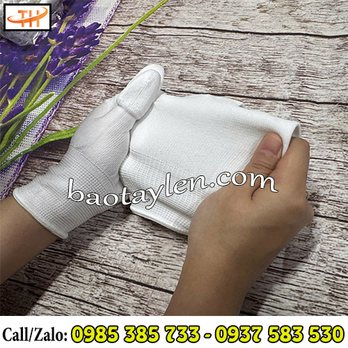 Găng tay PU phủ đầu ngón chất liệu mềm, co giãn tốt  Găng tay PU phủ đầu ngón chất liệu mềm, co giãn tốt