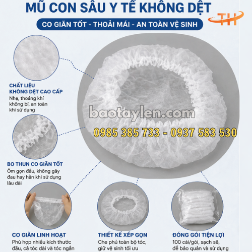 Chi tiết nón trùm tóc y tế vải không dệt Chi tiết nón trùm tóc y tế vải không dệt