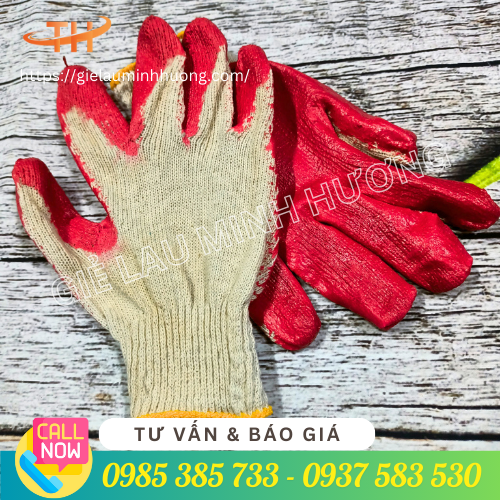 Bao tay len nhúng nhựa 1 mặt 50g màu đỏ, viền vàng Bao tay len nhúng nhựa 1 mặt 50g màu đỏ, viền vàng