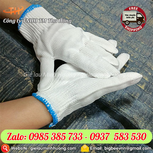 Bao tay sợi poly trắng 40g viền xanh Bao tay sợi poly trắng 40g viền xanh