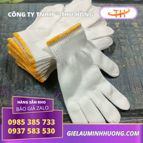Bao tay sợi poly trắng 60g viền vàng Bao tay sợi poly trắng 60g viền vàng
