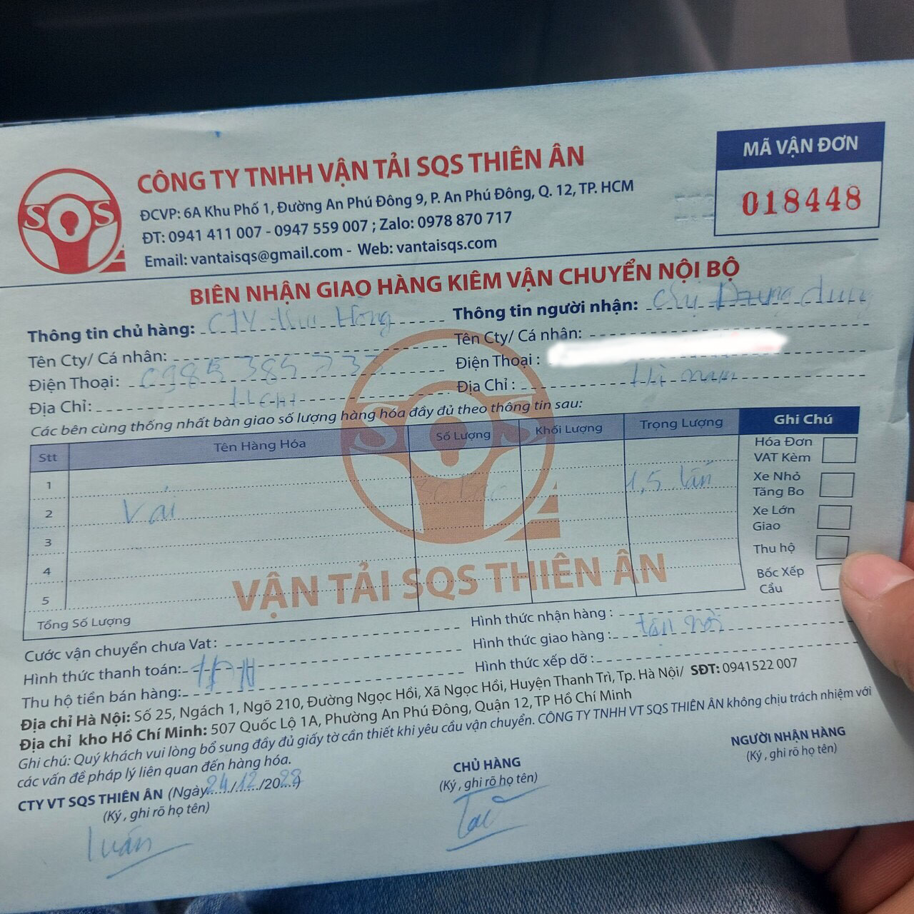 Biên lai giao 1 tấn vải lau trắng