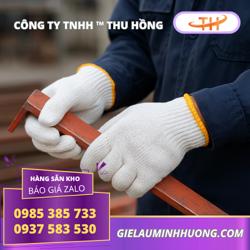 Công nhân đeo bao tay sợi poly trắng 60g khi làm việc Công nhân đeo bao tay sợi poly trắng 60g khi làm việc