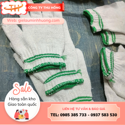 Găng tay len màu kem 90g hai viền xanh lá Găng tay len dệt kim màu kem 90g tại nhà máy