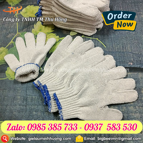 Găng tay len màu kem 60g viền xanh Găng tay len màu kem 60g viền xanh