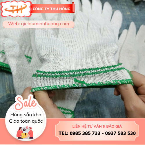 Găng tay len màu kem 90g hai viền xanh lá Găng tay len màu kem 90g dày dặn, bền chắc hơn loại thường