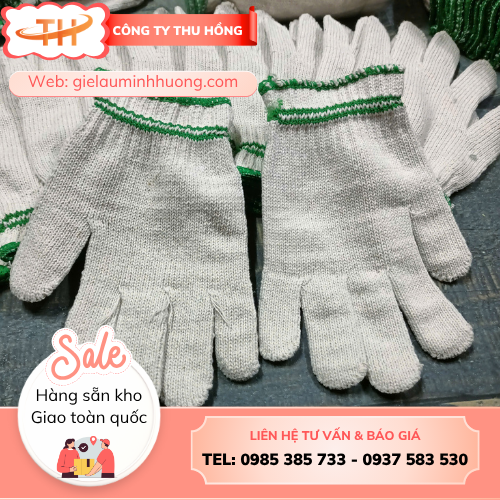 Găng tay len màu kem 90g hai viền xanh lá Găng tay len màu kem 90g giá rẻ tận xưởng Thu Hồng TPHCM