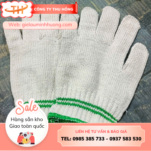 Găng tay len màu kem 90g hai viền xanh lá Găng tay len màu kem 90g hai viền xanh lá bảo hộ