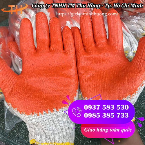 găng tay len phủ cao su màu cam 60g viền vàng găng tay len phủ cao su màu cam 60g viền vàng