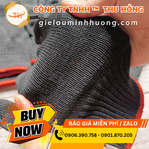 Găng tay poly đen viền đỏ 50g co giãn tốt Găng tay poly đen viền đỏ 50g co giãn tốt