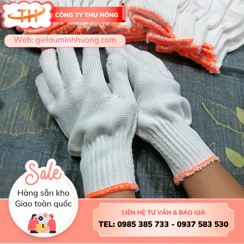 Găng tay sợi poly trắng cổ dài Găng tay sợi poly trắng cổ dài 70g, 80g cho cơ khí sản xuất