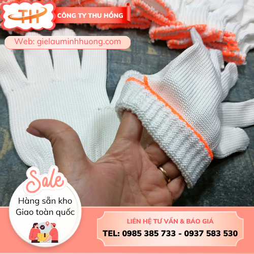 Găng tay sợi poly trắng cổ dài Găng tay sợi poly trắng cổ dài 70g, 80g siêu mịn, không xù lông