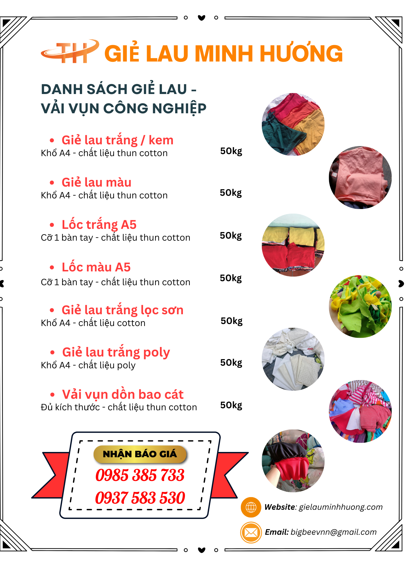 giẻ lau minh hương danh sách các loại vải lau