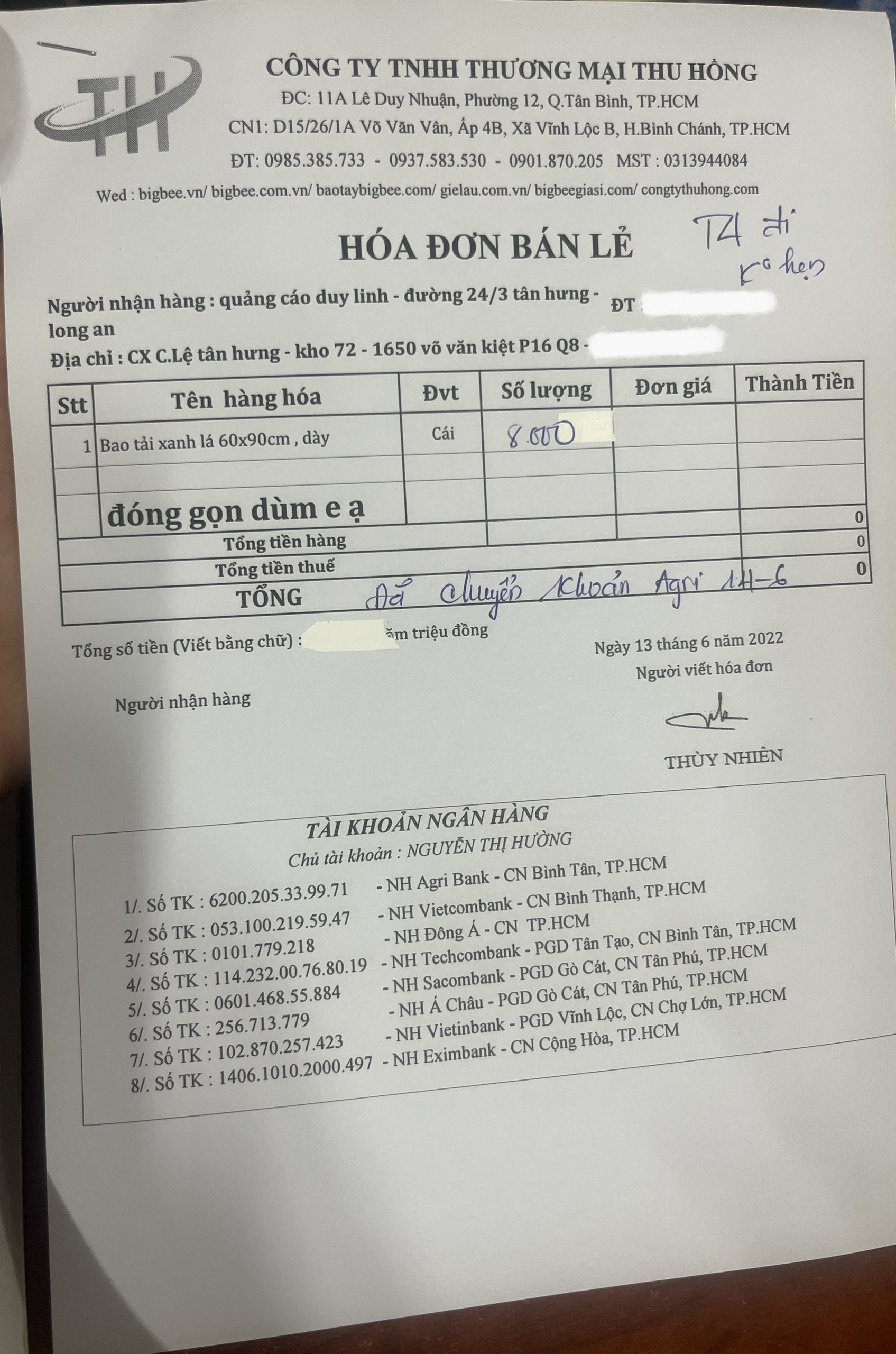 Đơn giao 8000 bao tải đóng hàng