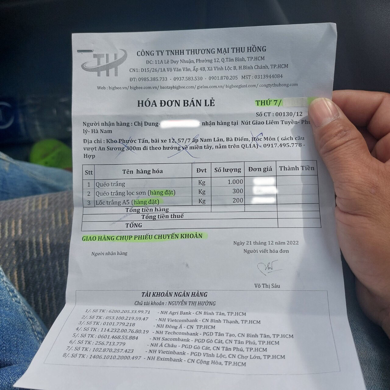 hóa đơn giao hàng 1 tấn vải lau trắng chị Dung