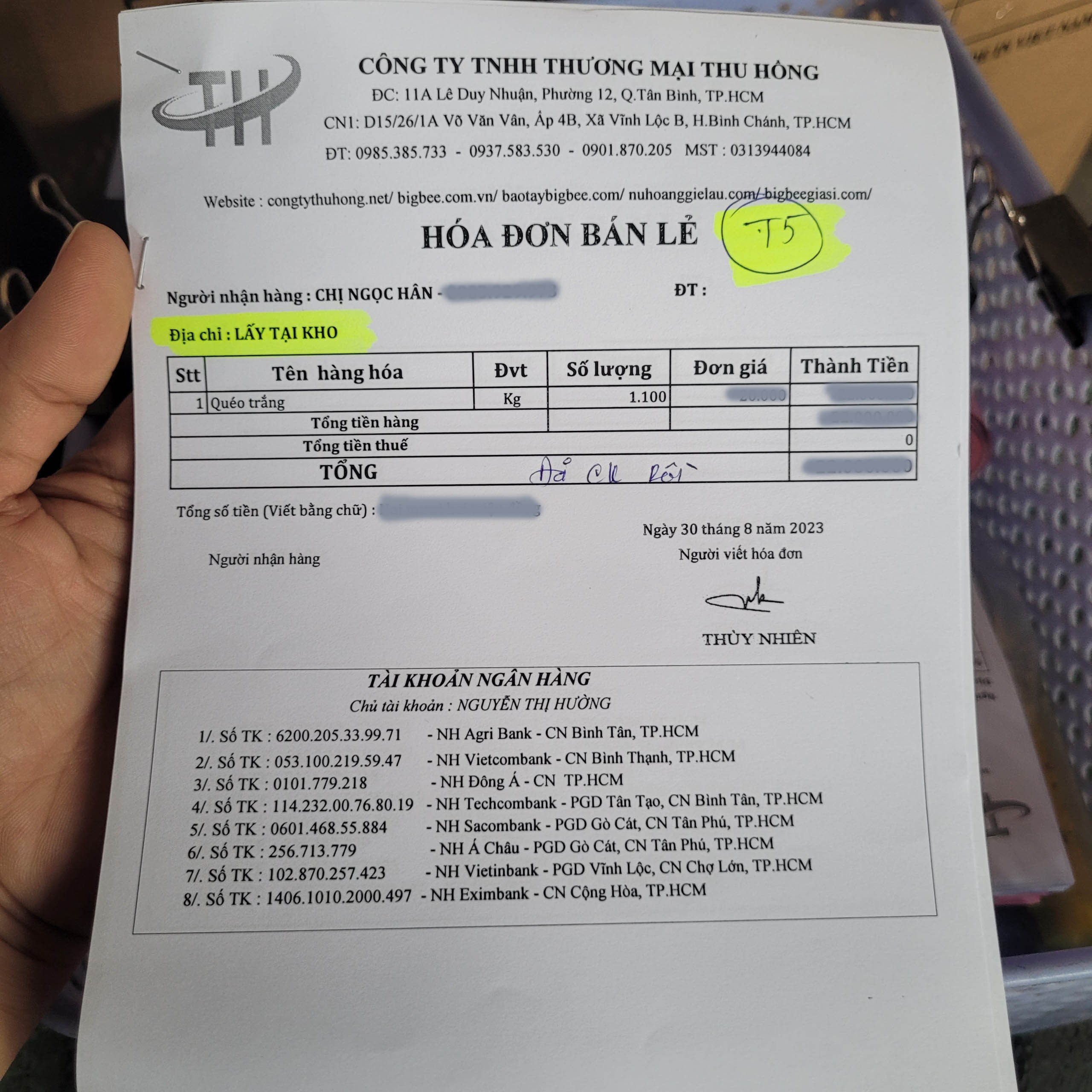 Hóa đơn xuất kho 1000 kg giẻ lau trắng Hóa đơn xuất kho 1000 kg giẻ lau trắng