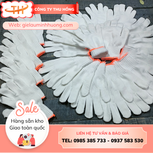 Găng tay sợi poly trắng cổ dài Nguồn găng tay sợi poly trắng cổ dài 70g, 80g giá sỉ