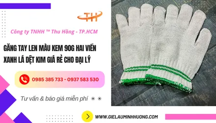 Găng tay len màu kem 90g hai viền xanh lá dệt kim giá rẻ