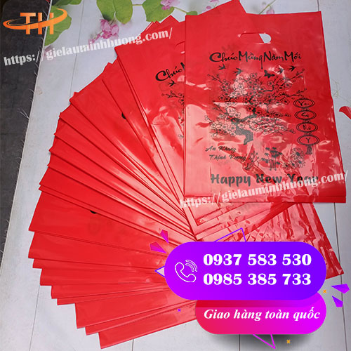 túi hột xoài PE màu đỏ in chữ chúc mừng năm mới giá rẻ