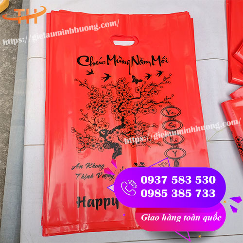 túi xoài PE màu đỏ in chúc mừng năm mới