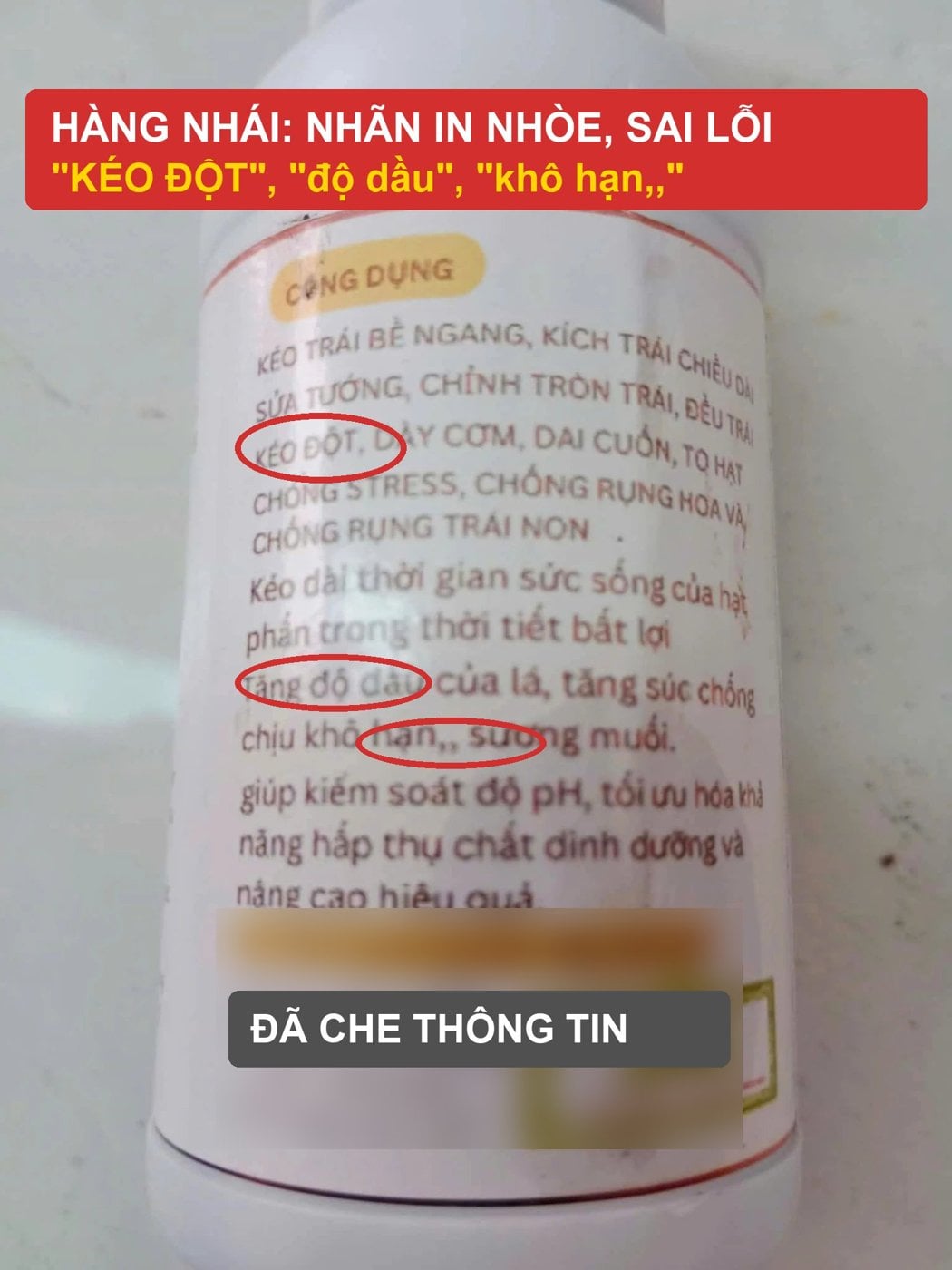 Hàng nhái GA 4-7 mặt sau nhãn in nhòe sai chính tả