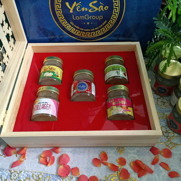 SET HỘP GỖ quà tặng TẾT 2024 Giáp Thìn - 5 lọ Nước yến sào