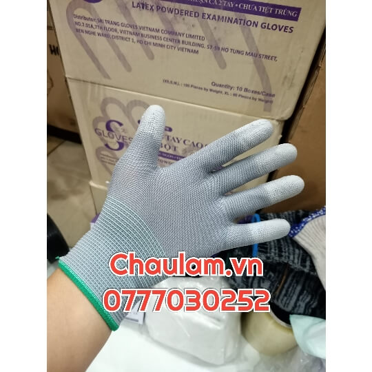 Găng tay phủ Pu mà xám và trắng giá rẻ tháng 5 Găng tay phủ Pu mà xám và trắng giá rẻ tháng 5