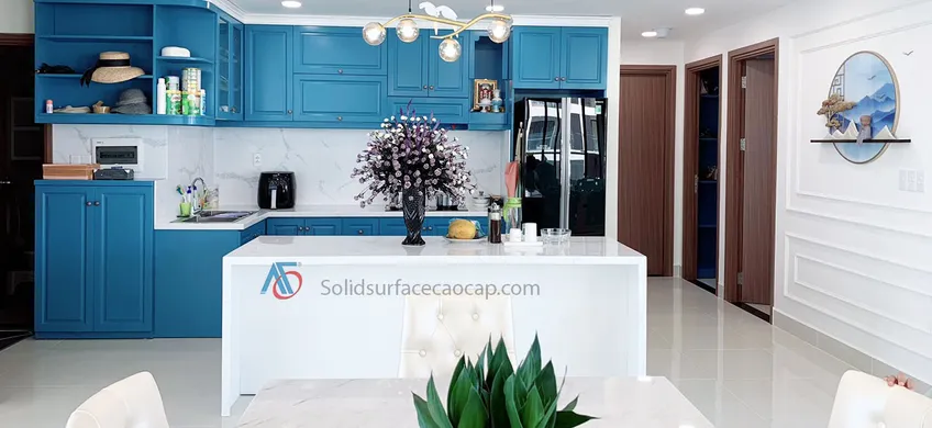 Lắp đặt mặt đá bếp Solid Surface Vân Mây AV-019 Sun Cloud
