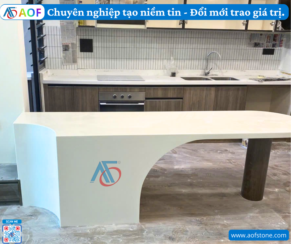 Thi công bàn đảo bếp Solid Surface liền khối đẹp, hiện đại cho mọi không gian