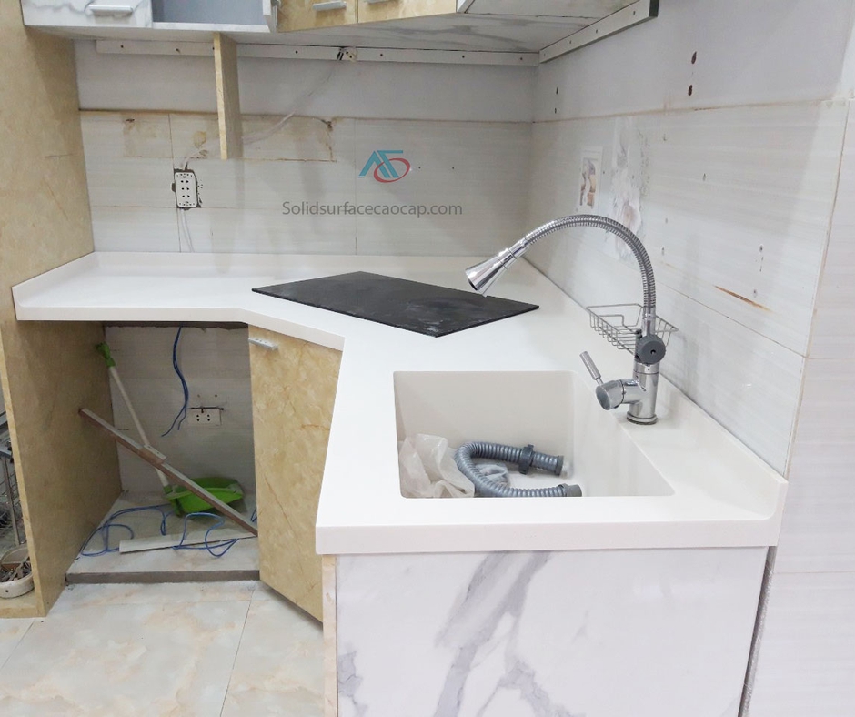 Thi công bồn rửa liền mặt solid surface chống thấm tại Ninh Bình