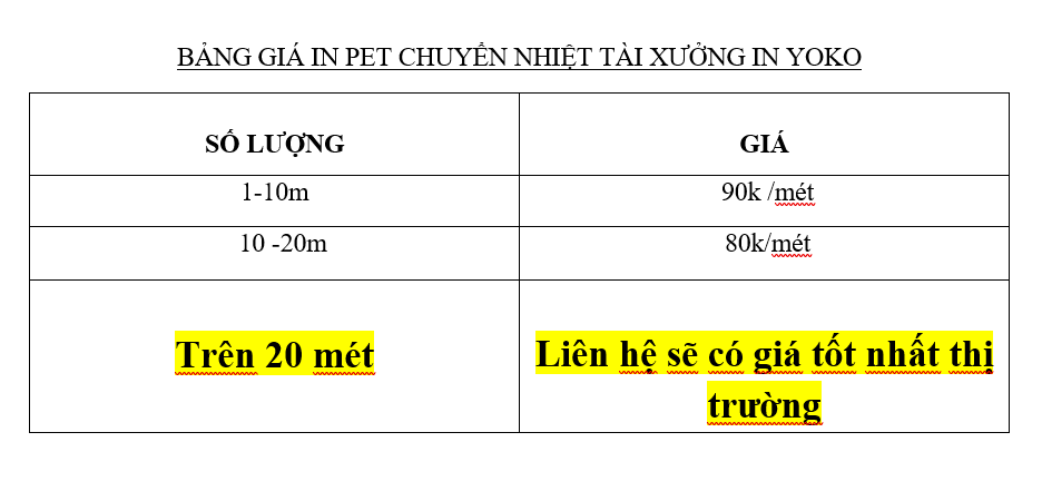 bang gia in pet tại xuong yoko printing