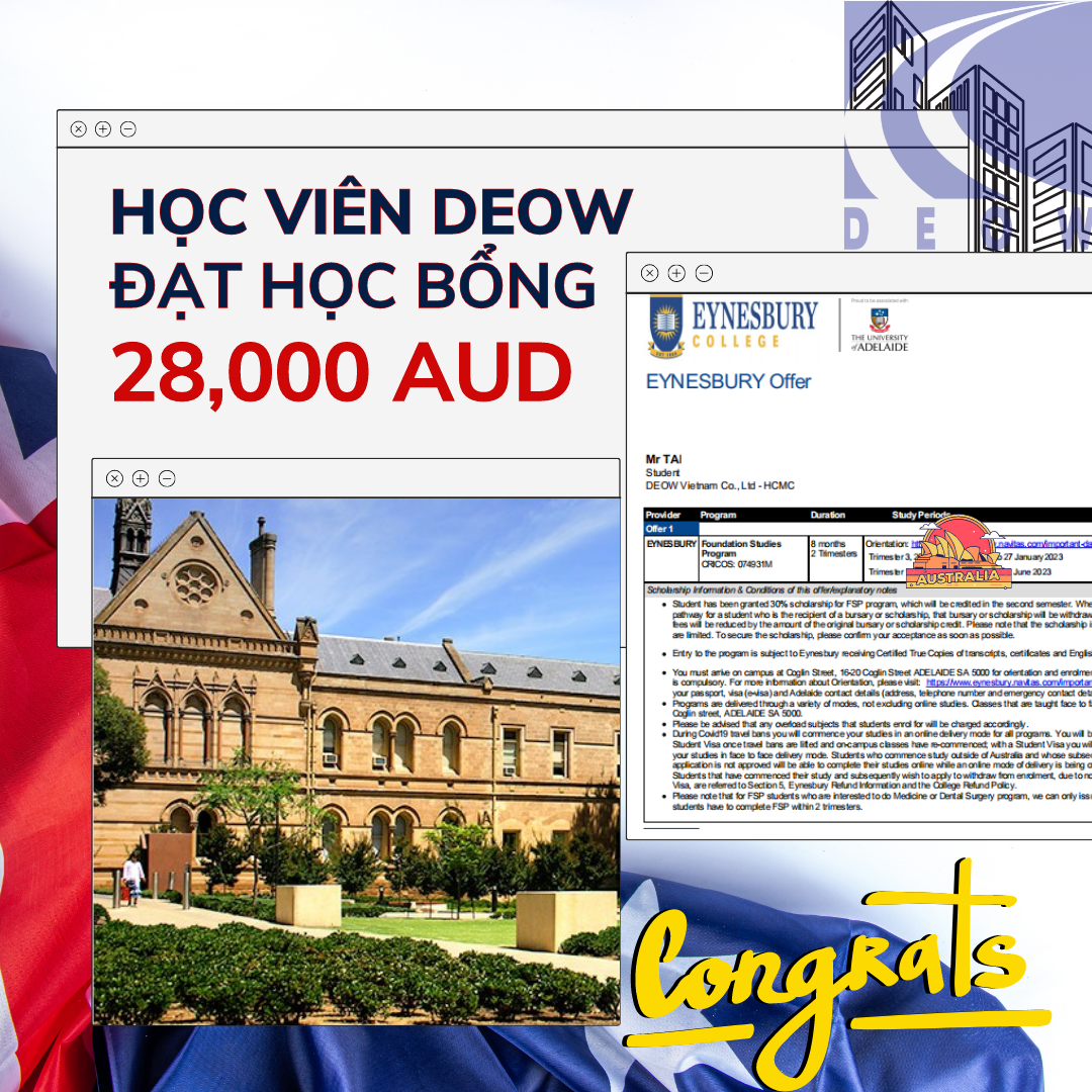Học bổng 30% Eynesbury College chuyển tiếp vào Đại học Adelaide
