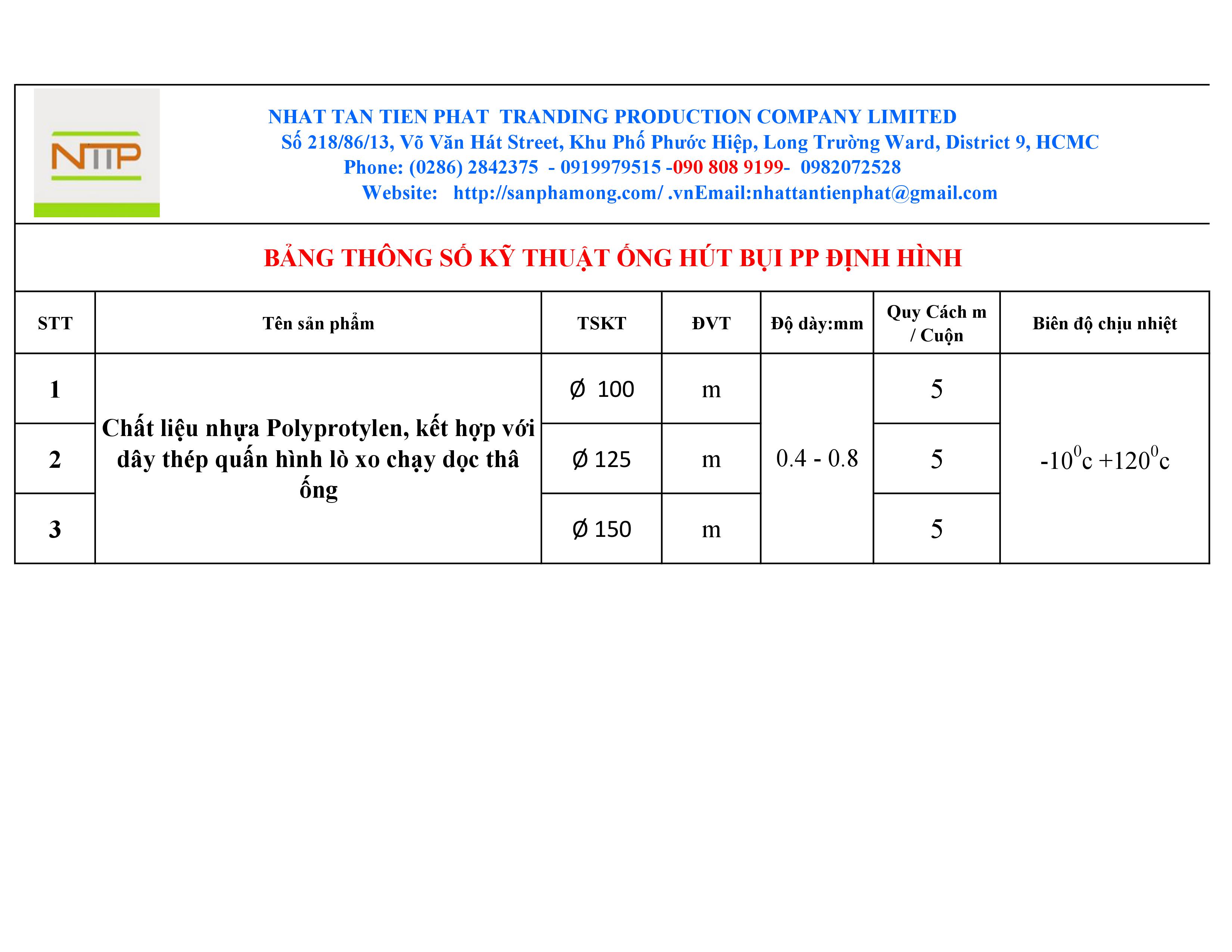Bảng thông số kỹ thuật ống hút bụi định hình