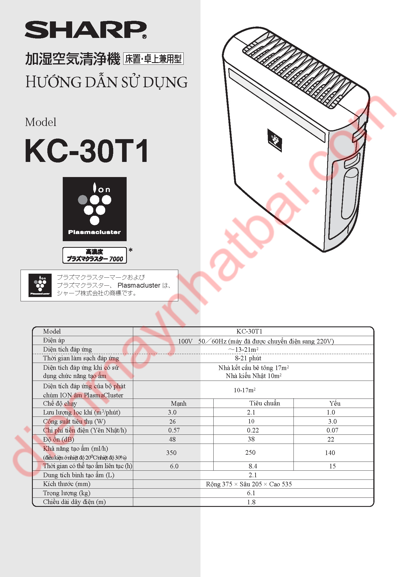 Hướng Dẫn Sử Dụng Máy Sharp KC-Y30, KC-30T1