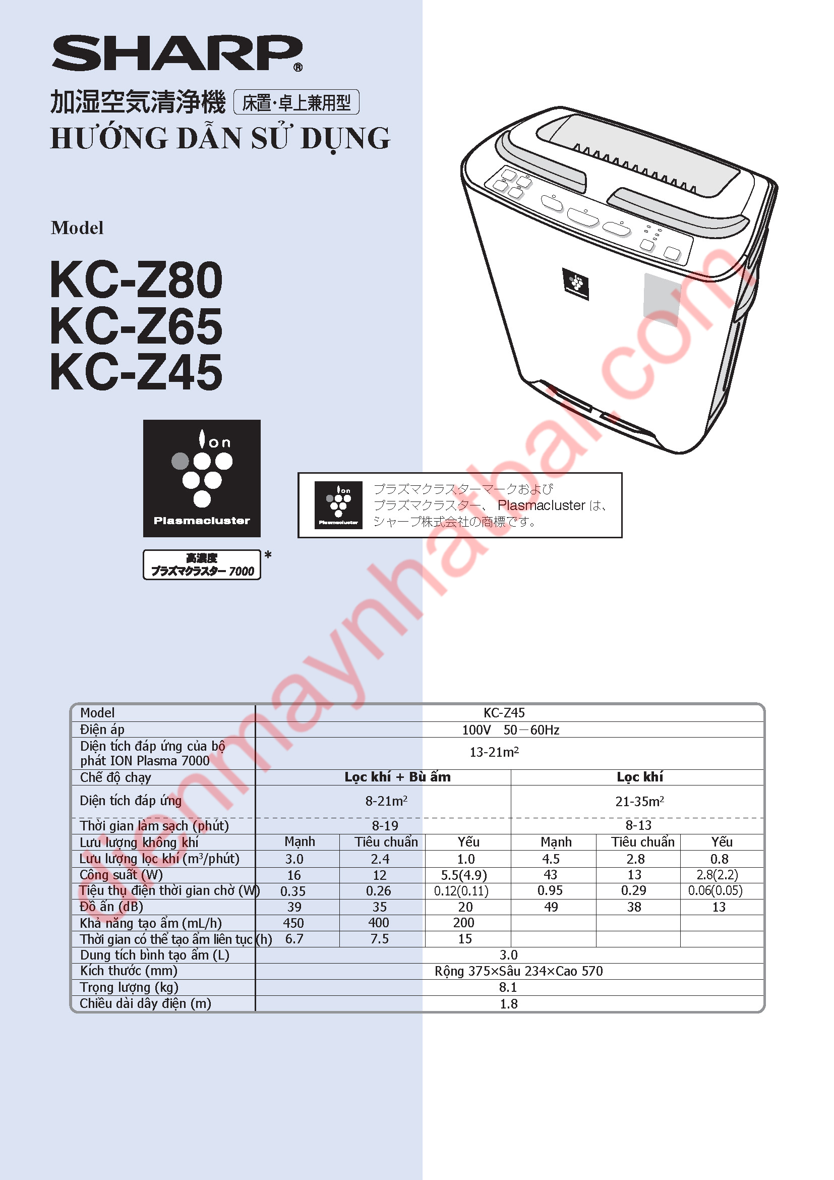 Hướng Dẫn Sử Dụng Máy Sharp KC-Z45, KC-Z65, KC-Z80