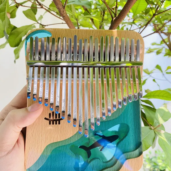 Đàn kalimba 21 phím Gỗ Nguyên Khối Cá Xanh Khảm KaLinh