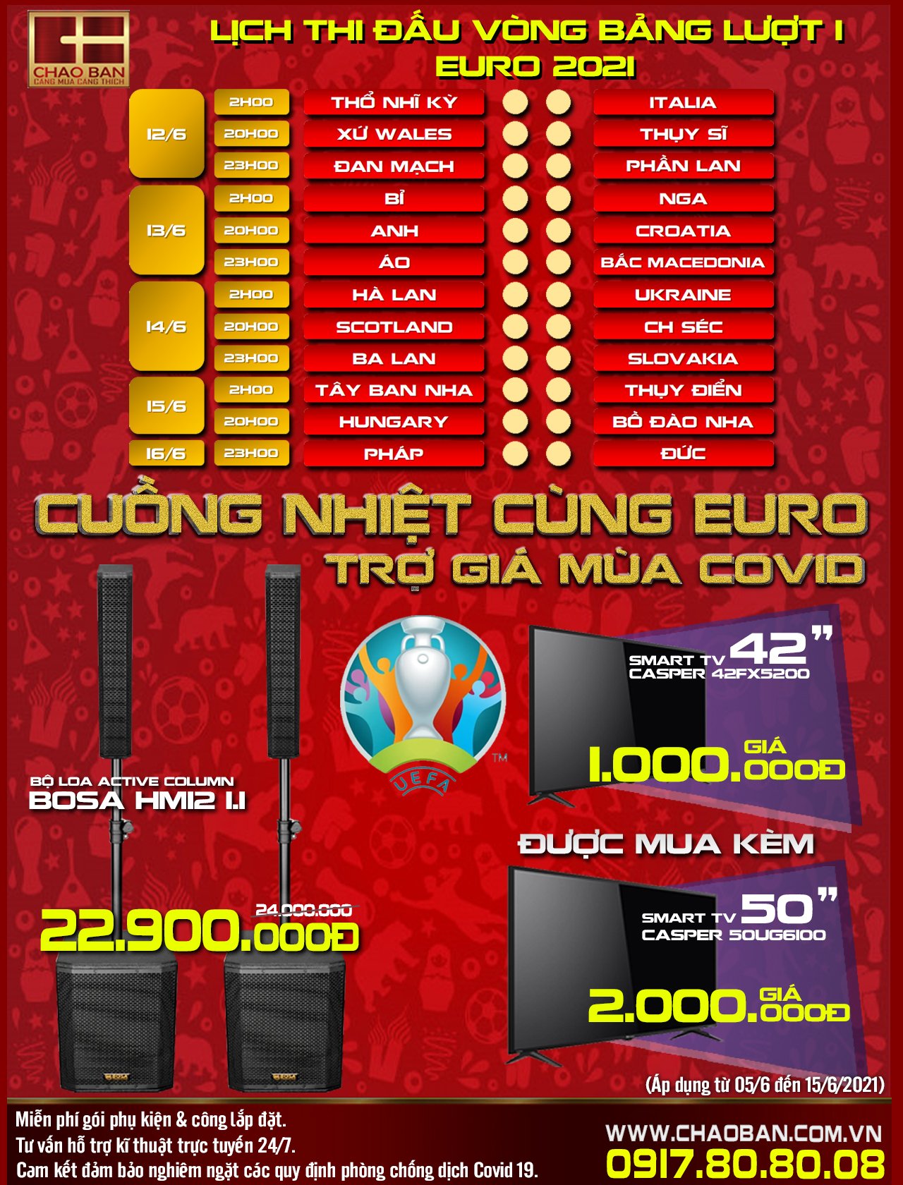 LỊCH THI ĐẤU VÒNG BẢNG EURO - ĐIỆN MÁY CHÀO BÁN