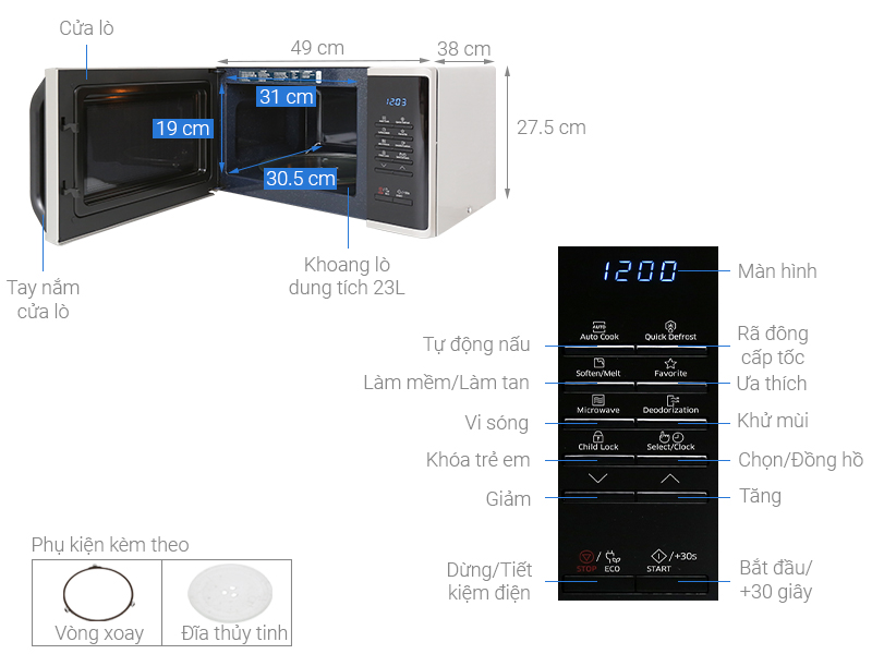 Thông số kỹ thuật Lò vi sóng Samsung MS23K3513AS/SV-N 23 lít