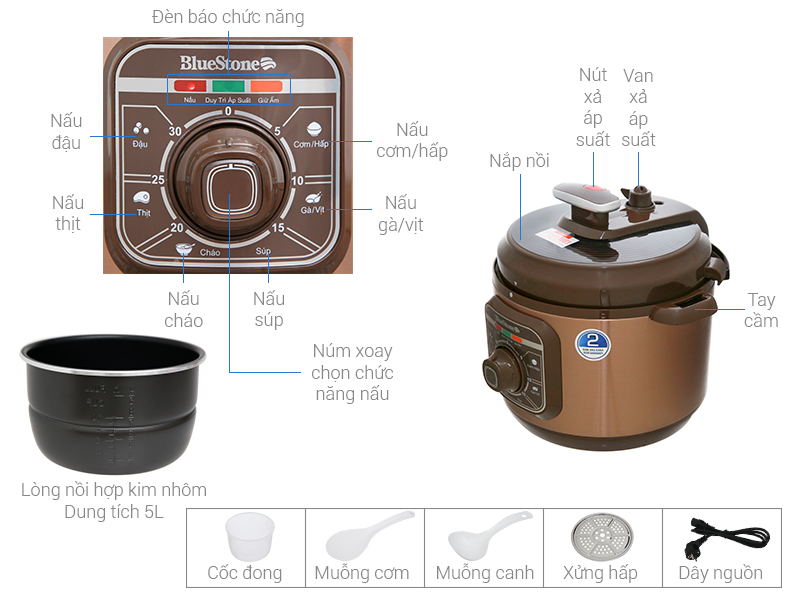 Thông số kỹ thuật Nồi áp suất điện Bluestone PCB-5629 5 lít