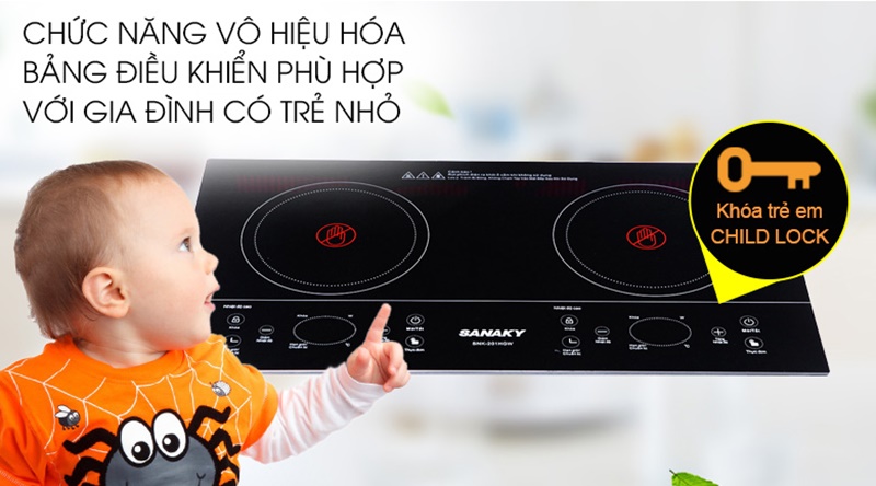 Khóa bảng điều khiển giúp quá trình nấu của bếp sẽ không bị gián đoạn - Bếp hồng ngoại đôi Sanaky SNK-201HGW Khóa bảng điều khiển giúp quá trình nấu của bếp sẽ không bị gián đoạn - Bếp hồng ngoại đôi Sanaky SNK-201HGW